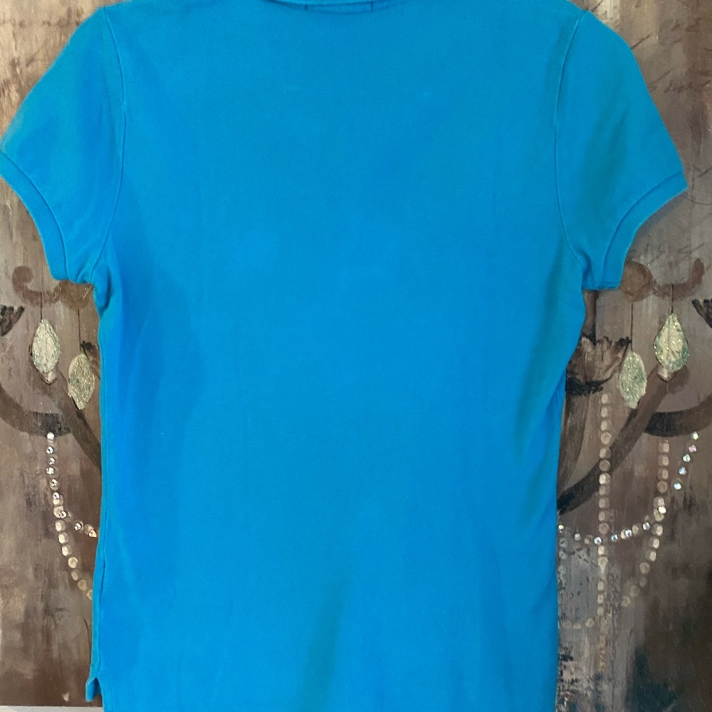 EUC Ralph Lauren Skinny Polo Top Turquoise Yellow Insignia - Picture 6 of 6